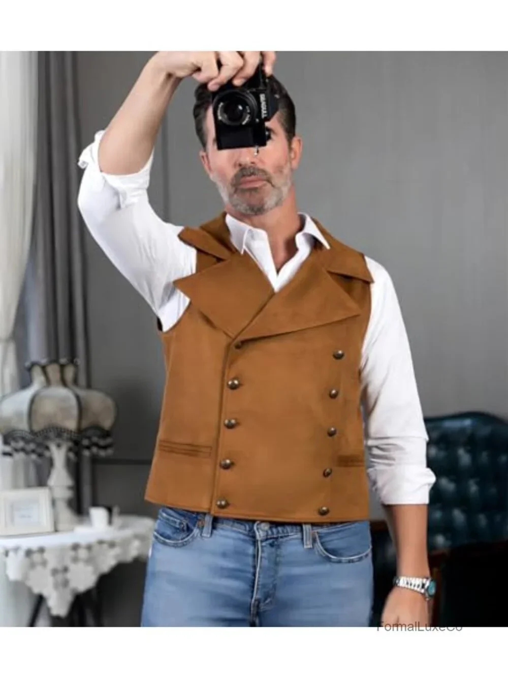 Mens Suede Double Breasted Vest Classic Groomsmen Wedding Waistcoat Leather Big